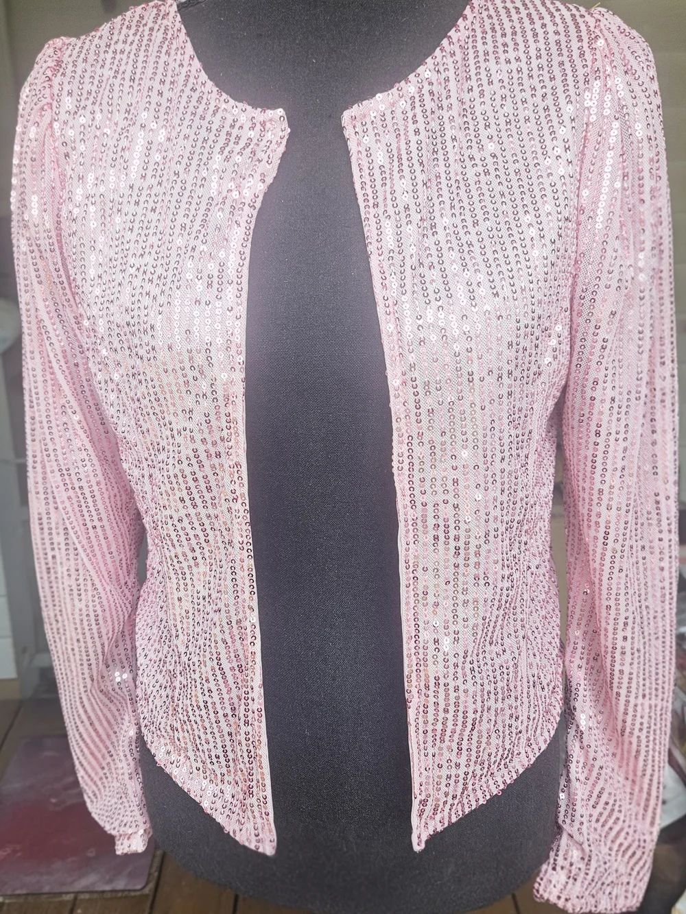 Shimmering Light Pink Sequin Open-Front Blazer Jacket Women’s Small